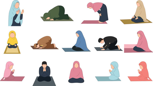 Muslim People Praying Vector Icon Set with Men Women and Children Performing Salah Positions on Mats for Islamic Religious Media Designs