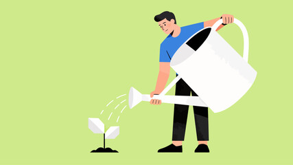 Naklejka premium A dedicated person nurturing a budding plant with a watering can, symbolizing growth, investment, and future development in a minimalist illustration style