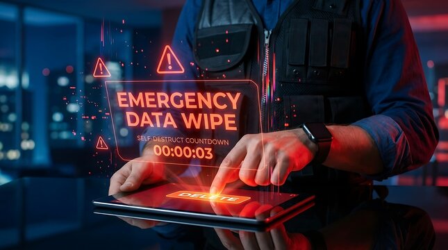 Security agent initiating emergency data wipe on a tablet with a countdown timer and holographic warning symbols for critical information destruction