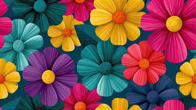 Seamless repeating pattern of colorful large hand drawn flowers on dark blue background showing bright tropical floral decorative design for textile and wallpaper