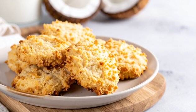 Delicious coconut macaroons on a plate with milk and coconuts nearby indoors closeup