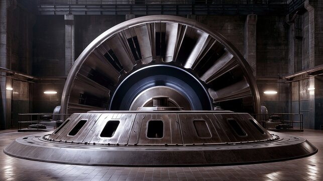 Massive polished metal hydro turbine placed inside dim aged hydropower plant hall showing heavy industrial engineering for renewable clean energy production