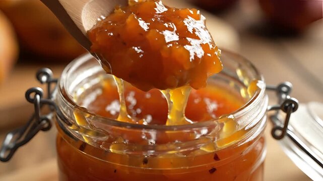 Close up of delicious homemade apricot jam being scooped from a jar with a wooden spoon.