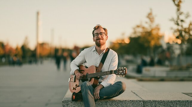 Red haired bearded man with glasses sitting on stone ledge playing acoustic guitar in city park during warm sunset smiling showing happy outdoor music relaxation