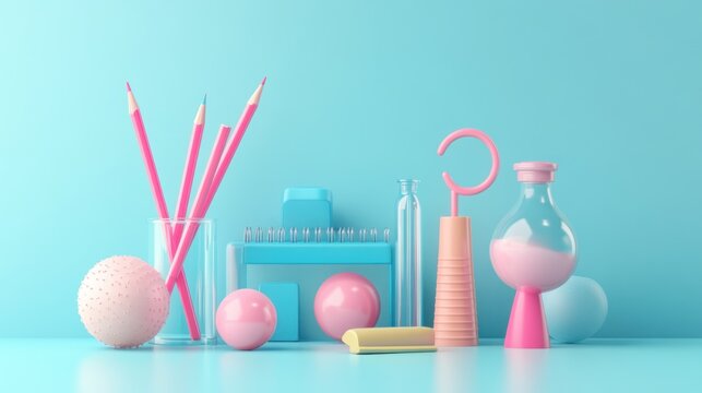 Pink and blue geometric shapes, pencils, and a flask on a light blue surface