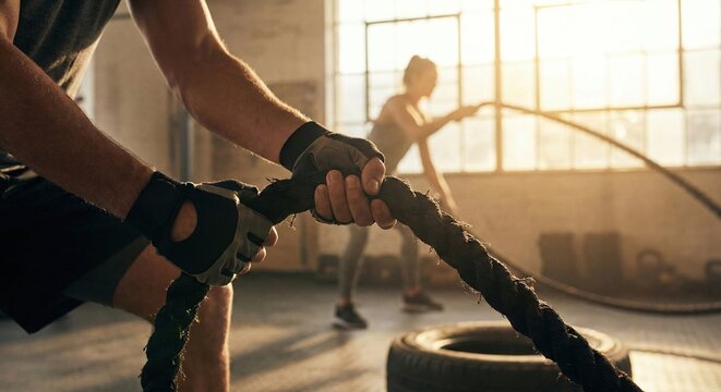 Fit Athletes Training with Battle Ropes Indoors During Golden Hour Sunlight In A Modern Gym Setting Achieving Strength And Endurance Goals