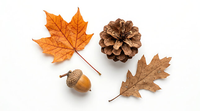 Autumn flat lay composition featuring vibrant maple leaves textured pinecone and natural acorn elements on clean white background