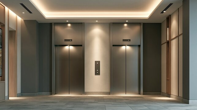 Clean modern contemporary office lobby with two closed dark metal elevator doors warm recessed ceiling lighting and natural wooden wall panels