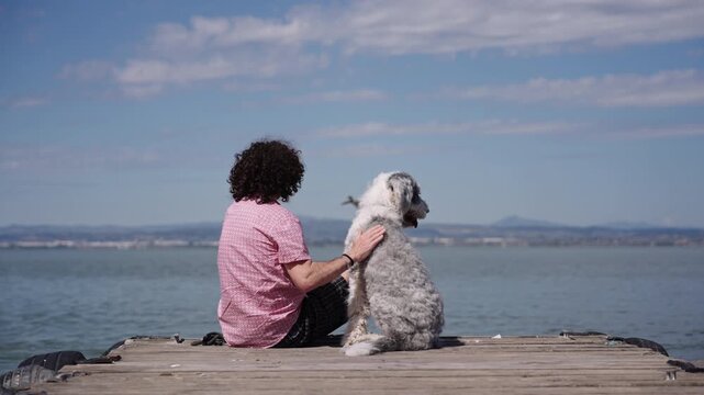 Back view of a man looking at the horizon and patting his dog on a wooden pier by a lake when a duck crosses the frame diagonally. Slow motion.