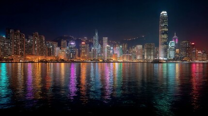 Obraz premium Hong Kong city skyline at night, glowing urban lights, wide waterfront cityscape, illuminated skyscrapers, atmospheric metropolitan background