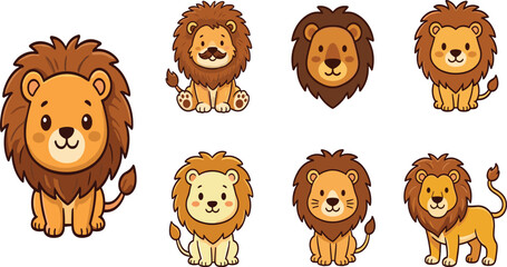 Obraz premium Cute Lion Cartoon Vector Collection Featuring Adorable Wild Animal Characters with Hand Drawn Illustration Style for Kids Educational and Nursery Design Projects