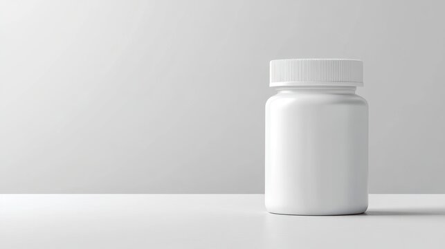 Blank white plastic pill bottle on a white surface