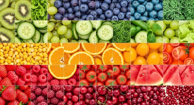 Collage of fresh colorful fruits and vegetables organized by rainbow color spectrum