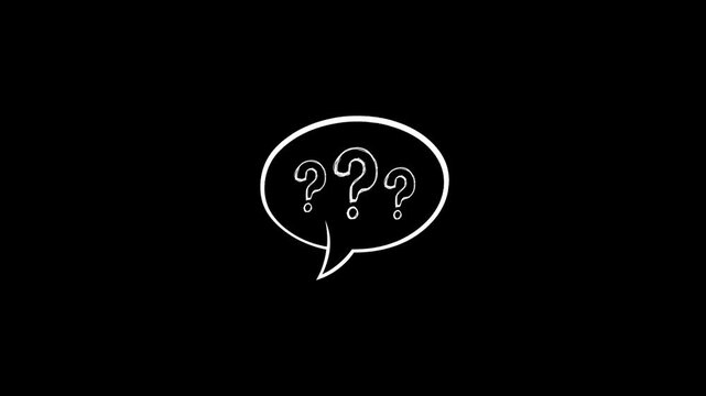 Hand drawn sketch question mark in doodle speech bubble icon isolated on black background. Speech bubble with scribble question mark overlay for educational content, represent FAQ, help or uncertainty