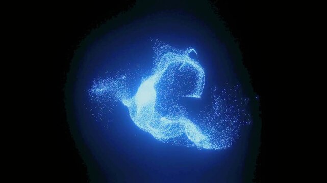 Glowing blue quantum particle field expanding into a cosmic dust wave loop.
