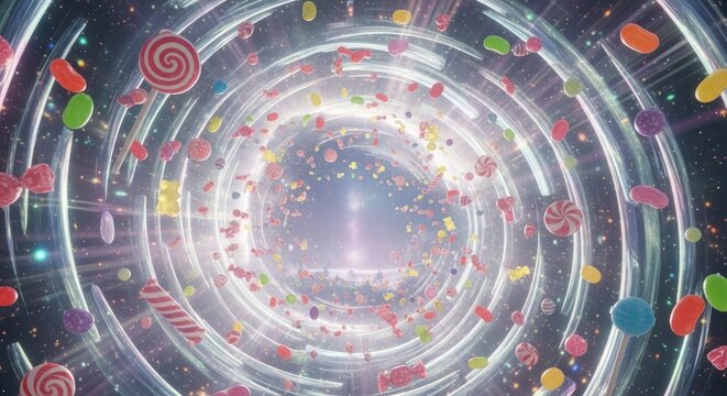 Tunnel tourbillonnant de bonbons color&eacute;s avec diverses g&acirc;teries pour un arri&egrave;re-plan abstrait