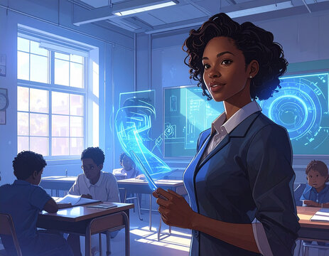 Enseignant en classe avec &eacute;cran holographique