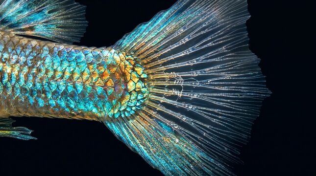 Stunning extreme macro photo shows iridescent blue and gold fish scales transitioning into a translucent, detailed caudal fin against a black background.