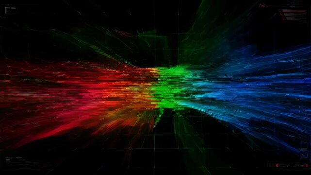 Glitch digital effect colourful horizontal light burst abstract motion energy on black background with vivid neon line streaks and sharp contrast