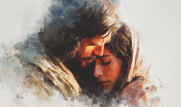 The emotional painting balances the weight of human sadness with the unconditional love of Jesus Christ. and with the heart of religion