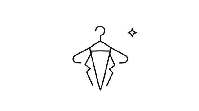 Minimal looping line animation featuring a formal suit hanging on a clothes hanger with a sparkle icon, symbolizing fashion, elegance, wardrobe, and clothing retail.