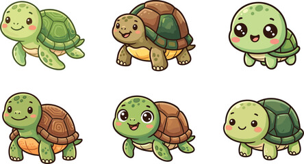 Obraz premium Cute Turtle Cartoon Vector Collection Featuring Adorable Sea and Land Reptile Characters with Hand Drawn Illustration Style for Kids Educational Design Projects
