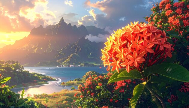 Vibrant red ixora flowers blooming at sunrise over misty mountain lake landscape