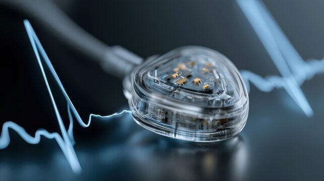 A partially transparent pacemaker device image showing internal components and design details, ideal for medical, technological, and healthcare-related visual content.
