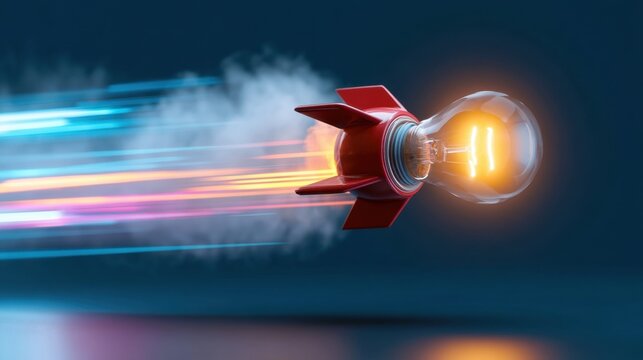 Conceptual light bulb rocket with glowing filament flying fast on dark background
