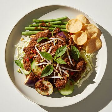 Karedok traditional Sundanese West Java raw vegetable salad with kencur peanut sauce on ceramic plate, Indonesian food
