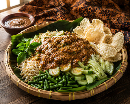 Karedok traditional Sundanese West Java raw vegetable salad with kencur peanut sauce on banana leaf and tampah, Indonesian food
