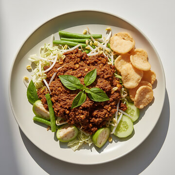 Karedok traditional Sundanese West Java raw vegetable salad with kencur peanut sauce on ceramic plate, Indonesian food
