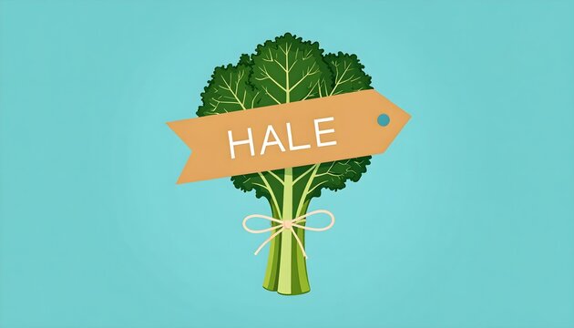 Fresh green kale bunch tied with ribbon labeled hale on light blue background