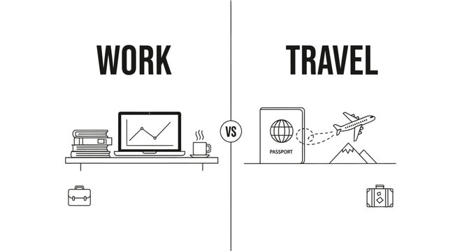 Minimalist vector illustration comparing Work vs Travel. Concept for work-life balance, digital nomad lifestyle, business travel, choice between career and vacation, and time management planning.