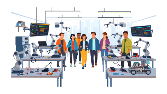 Robotics Classroom Exploration: A diverse group of students explores a high-tech robotics classroom, surrounded by intricate machinery and interactive displays.