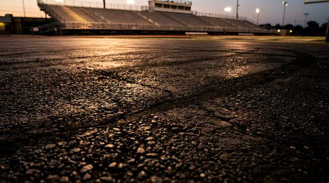A dimly lit sports stadium track with a wet pavement and empty bleachers at dusk