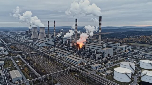 Industrial power plant with billowing smoke stacks producing energy amidst an overcast sky and surrounding infrastructure