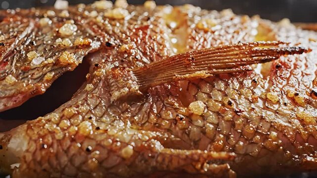 Closeup of a whole roasted fish seasoned with herbs and spices.
