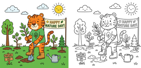 Fototapeta premium Happy Cartoon Tiger Planting Trees for Nature Day - Environmental Conservation