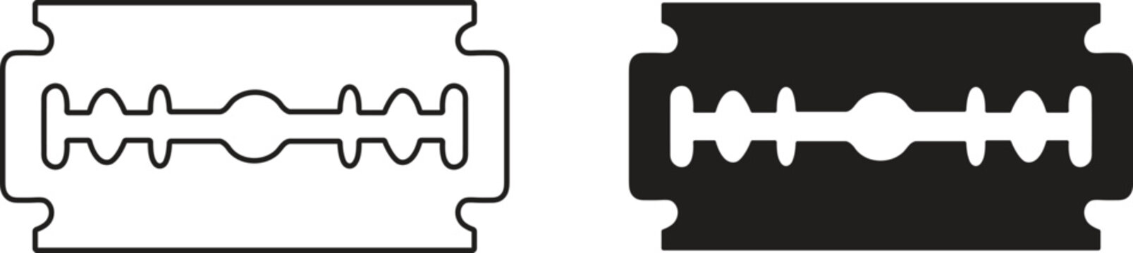 Razor blade icons set in outline and glyph styles for shaving barber shop and sharp edge tool concepts