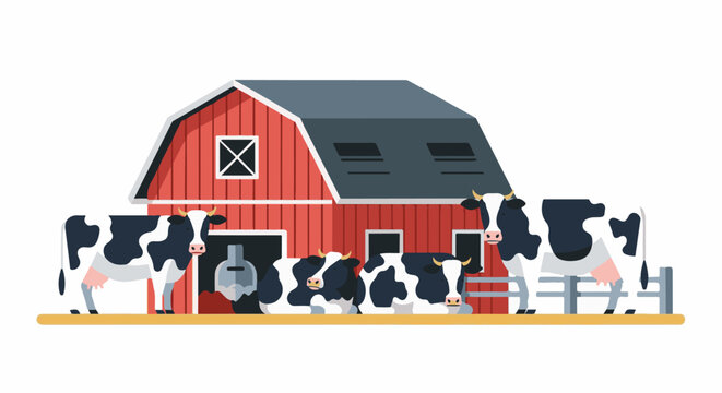A flat illustration of a red barn with black and white cows outside