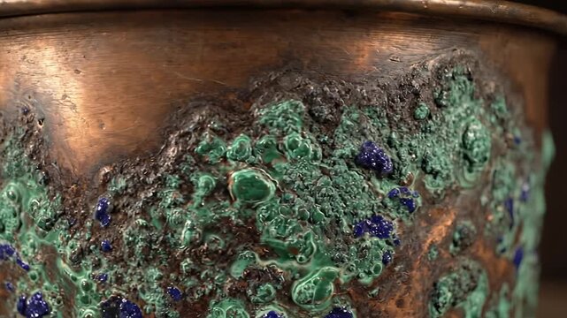 Closeup of Aged Copper Pot with Green and Blue Patina Texture.