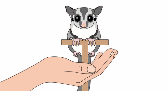 A cute cartoon sugar glider perches on a wooden cross held by a human hand