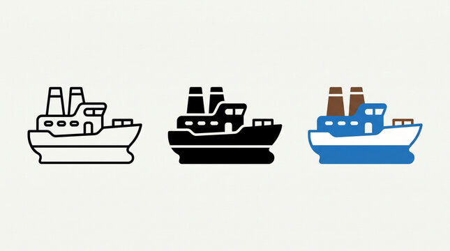 Cargo ship icons, flat and outline style, blue brown black, logistics concept