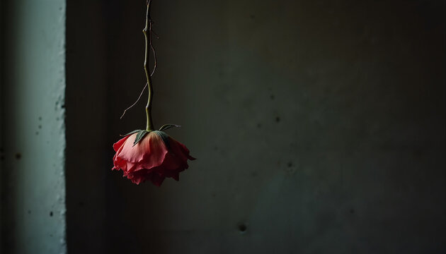 Dried rose hanging delicately in shadowy room, elegance of decay