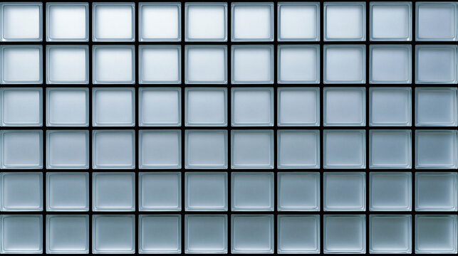 Arri&egrave;re-plan de briques de verre d&eacute;poli aux tons bleu et gris. Finition mate translucide formant une grille g&eacute;om&eacute;trique en damier