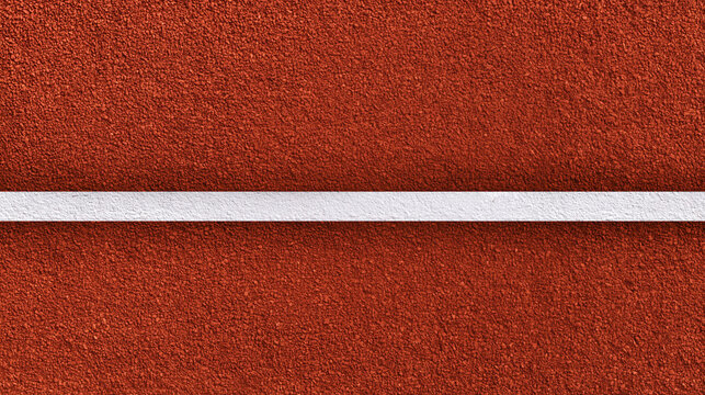 Gros plan en vue de dessus d'un court de tennis en terre battue orange d&eacute;limit&eacute;e par une ligne blanche
