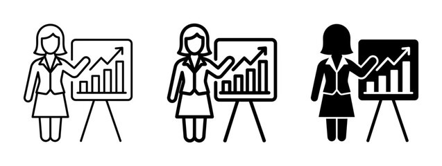 Naklejka premium Minimalist Businesswoman Presentation Growth Chart Icon Set for Financial Reports