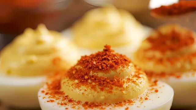 Closeup of paprika being sprinkled on deviled eggs.