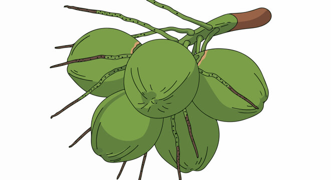 A cluster of green coconuts hanging from a branch